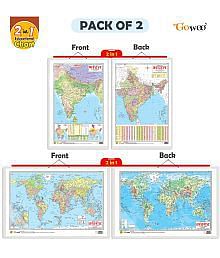 Set of 2 | 2 IN 1 INDIA POLITICAL AND PHYSICAL MAP IN HINDI and 2 IN 1 WORLD POLITICAL AND PHYSICAL 