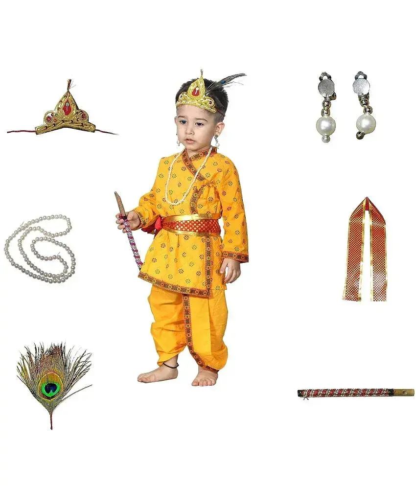 Kaku Fancy Dresses Cotton Krishna Costume for Kids Baby Krishna Dress for Janmashtami Kanha Dress Krishnaleela Costume Infant Bal Gopal Krishna Fancy Dress Costume for Boys Girls